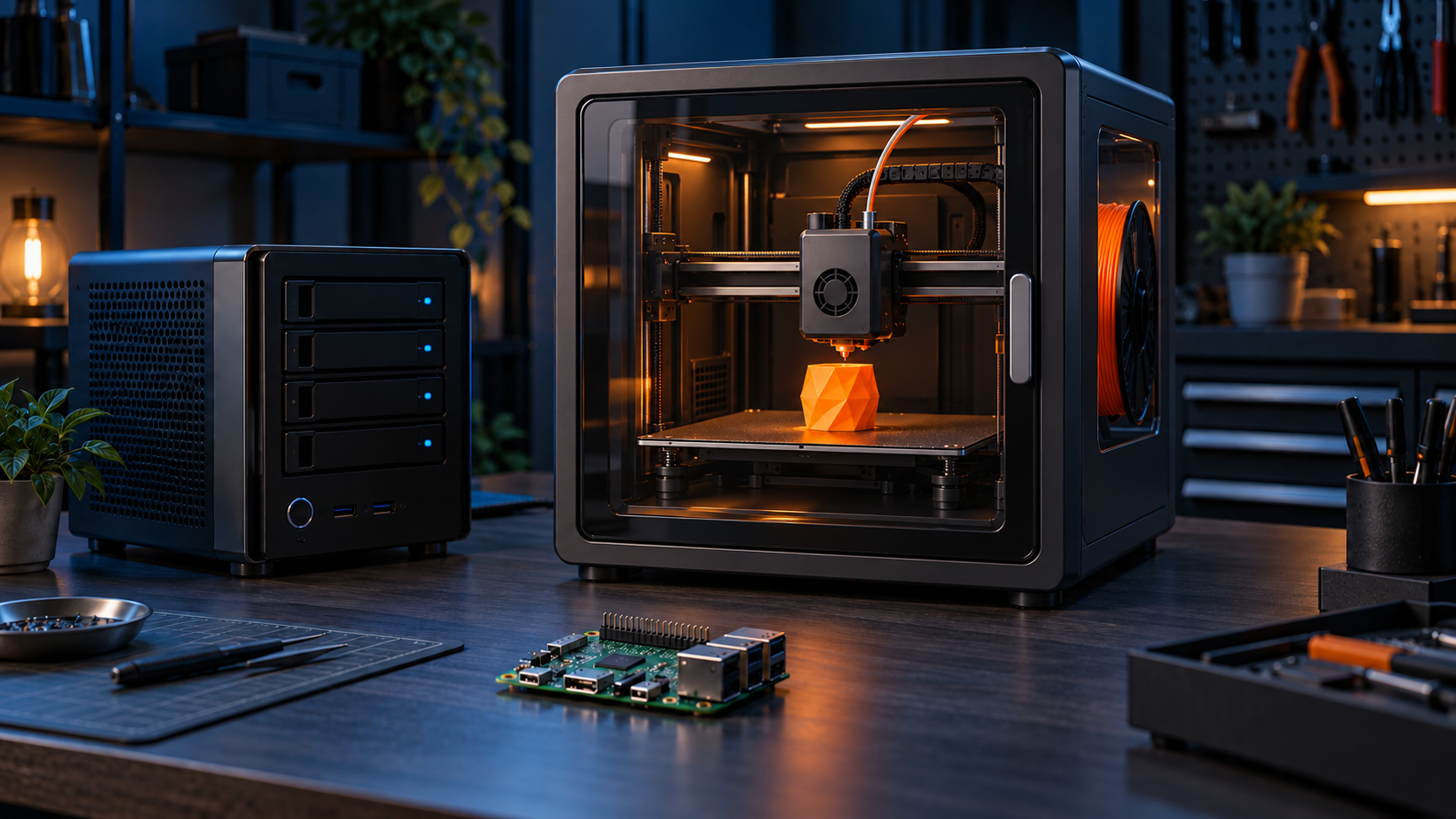 Dunkle Werkbank mit Homeserver, geschlossenem Anycubic-Kobra-S1-3D-Drucker beim Drucken und Elektronikplatine
